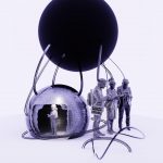 People interact with a futuristic sphere and orb structure